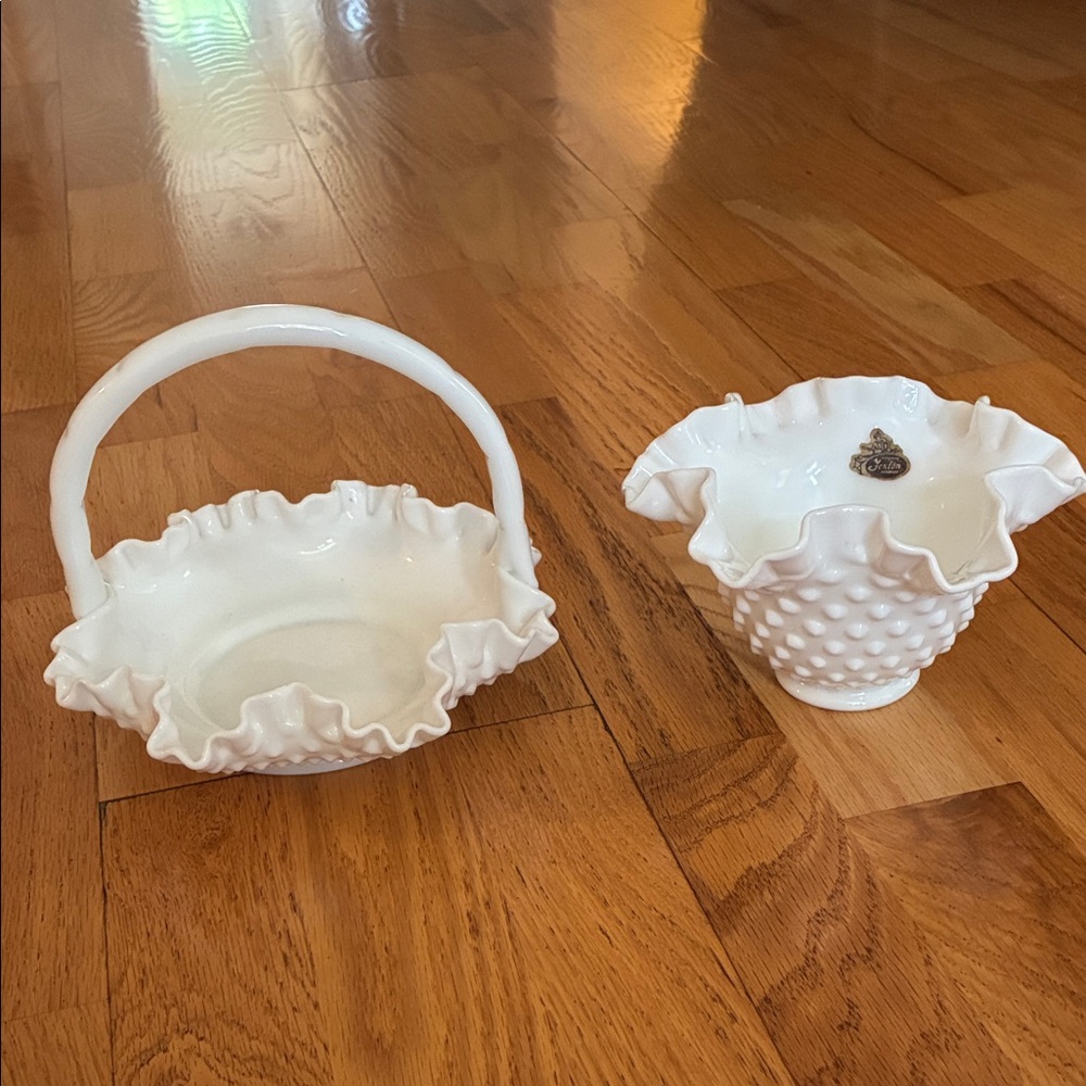 Fenton Milk Glass White Antique Basket and Bowl Set